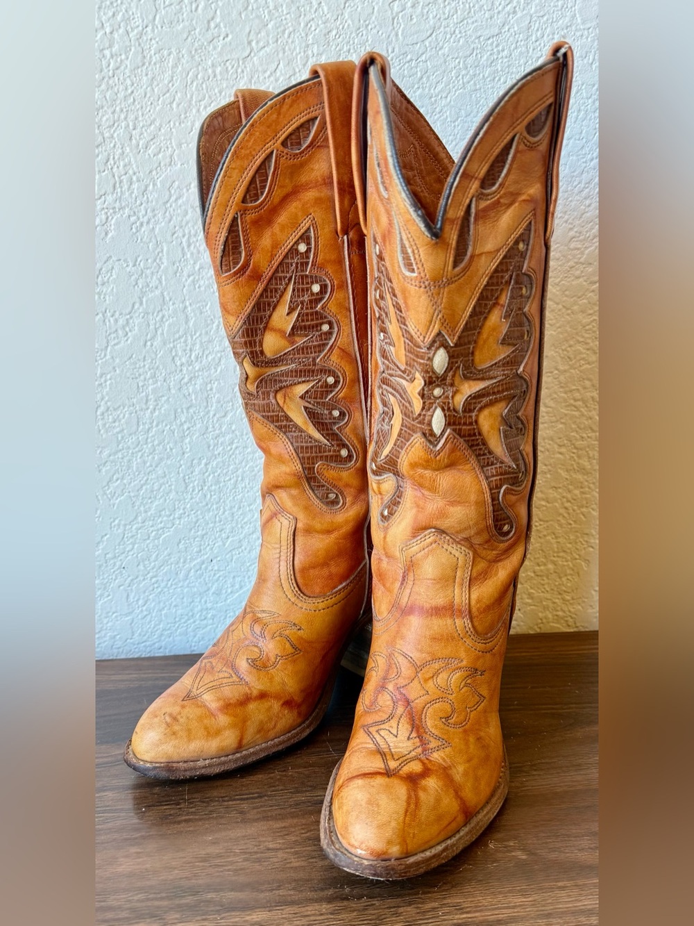 Capezio Tan and Brown Embroidered Leather Western Heeled Boots Butterfly Inlay
